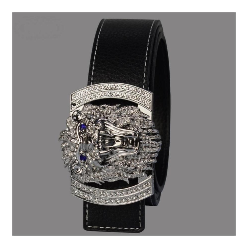 Luxus Ledergürtel mit Glanz Diamant-Löwenkopf-Schnalle für stilbewusste Männer und Frauen - Silber/Schwarz 125 cm
