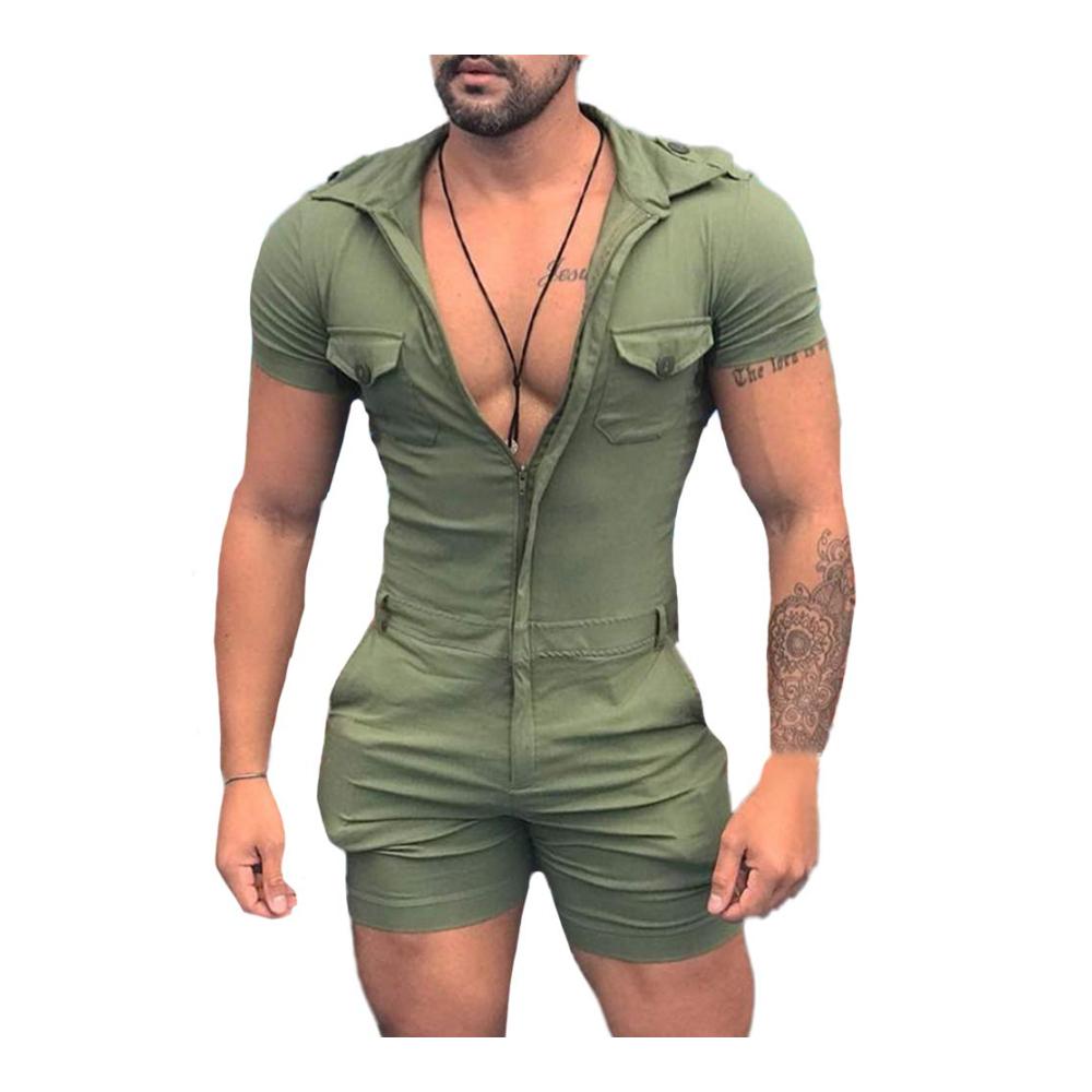 Herren Sommer Overall Einteiler mit Reißverschluss kurzärmlig Taschen – Casual Jumpsuit für Sport & Freizeit