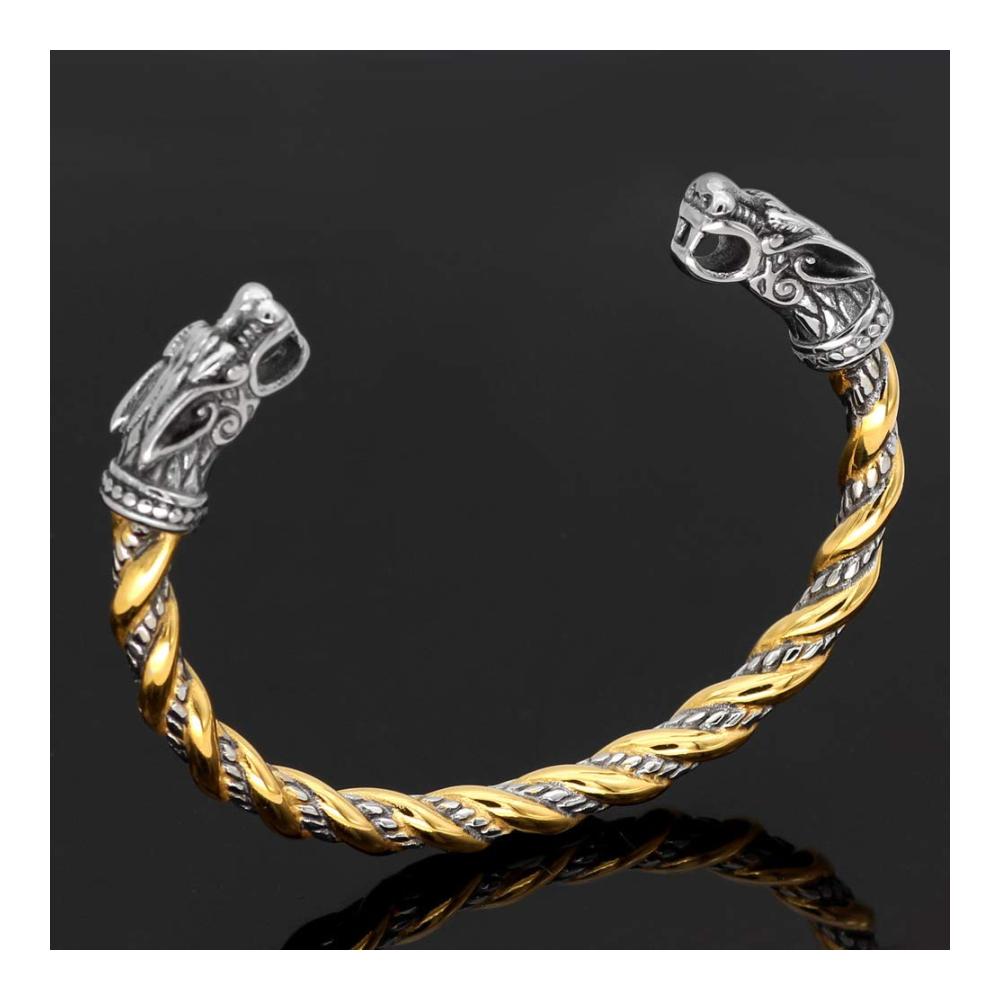 Edelstahl Armband QZY Nordisches Wikinger-Armband mit Zweifarben-Perlen Wolfkopf Spirale Torc Manschette - Männliches Retro-Armreif-Schmuckstück