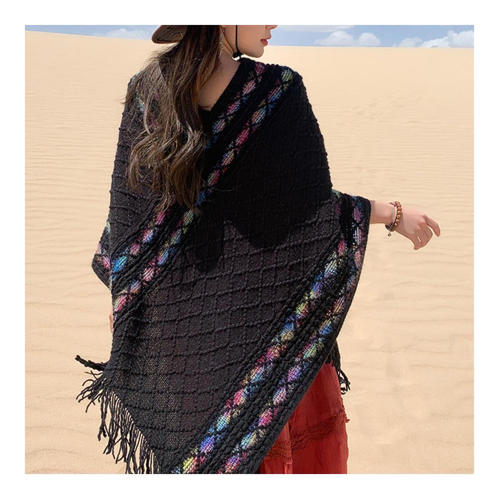 Damen Strickponcho im Ethnostil mit Quasten - Herbst-Winter Cape & Retro Pullover