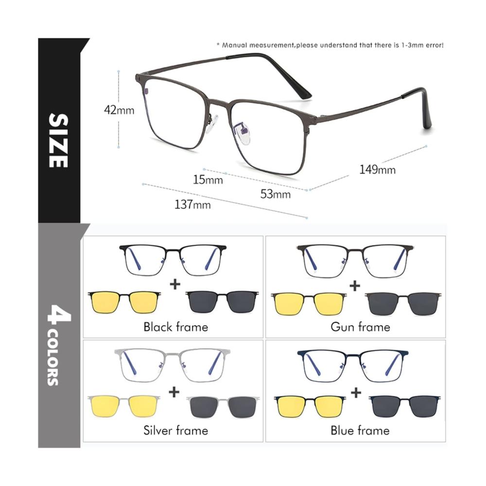 Magnetischer 3-in-1 Sonnenbrillenclip für Brillen - Polarisierte Nachtsicht-Clipbrille mit Metallrahmen für Männer und Frauen (Farbe Gun Frame
