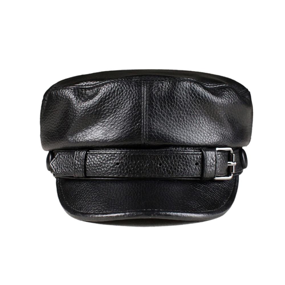 Schwarze XXL Schiebermütze aus Rindsleder mit Gürtel-Design – Militär Newsboy Cap für Damen