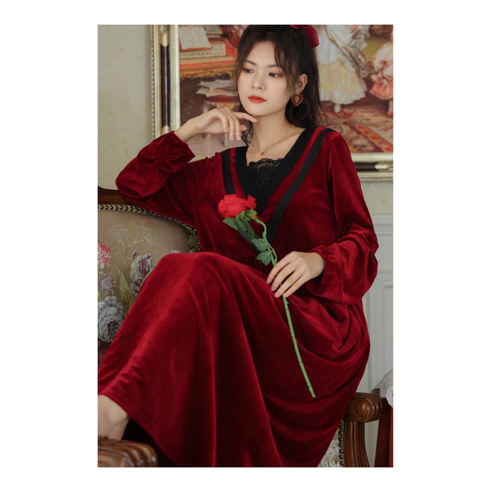 Gold Samt Victorian Langarm Nachthemden für Damen - Warme Pyjamas in Plus-Größe mit Palace Style. Ideal für den Innen- und Außenbereich kann als locker sitzende Hauskleidung getragen werden. Red-XL