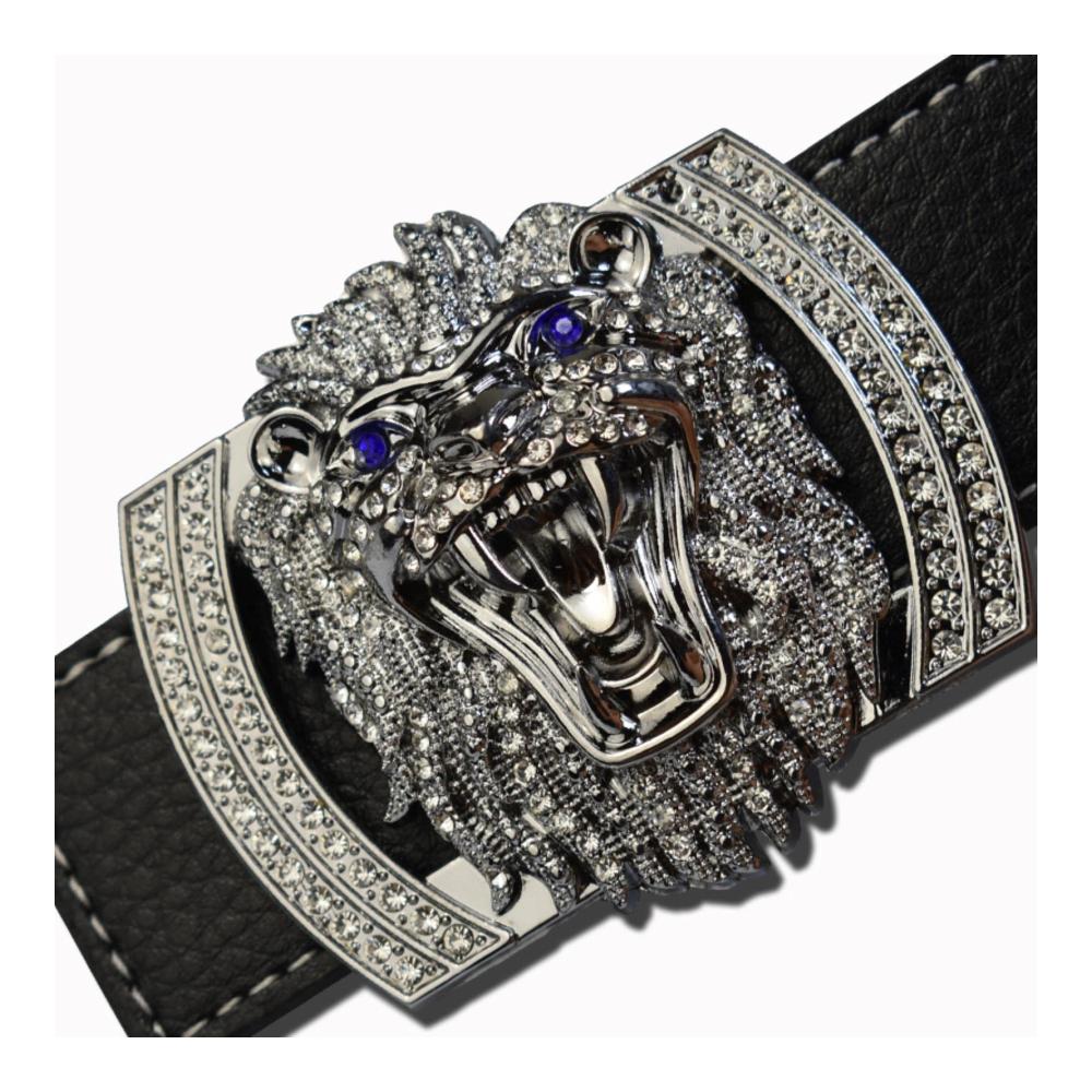 Luxus Ledergürtel mit Glanz Diamant-Löwenkopf-Schnalle für stilbewusste Männer und Frauen - Silber/Schwarz 125 cm