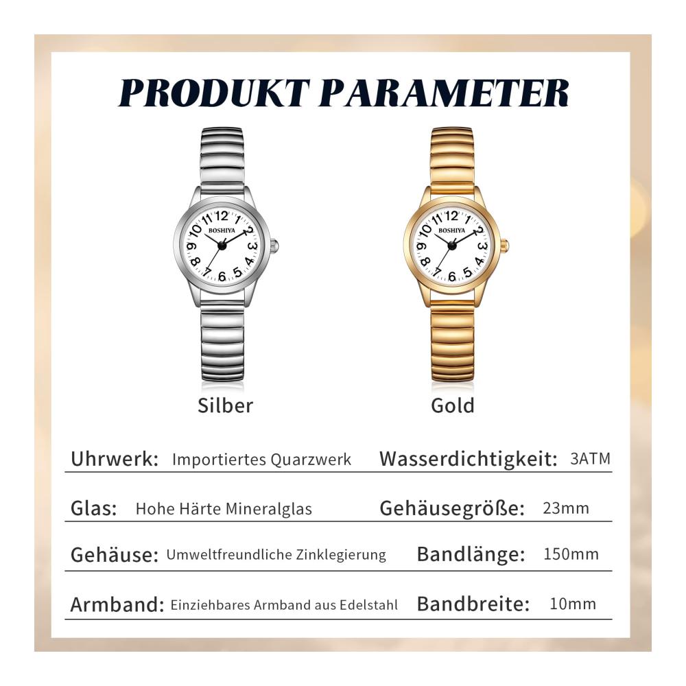 Damen Armbanduhr 23mm Edelstahl Elegant - Analog Quarz Uhr mit Großem Digital Zifferblatt Elastischem Armband - Gold/Silber Design