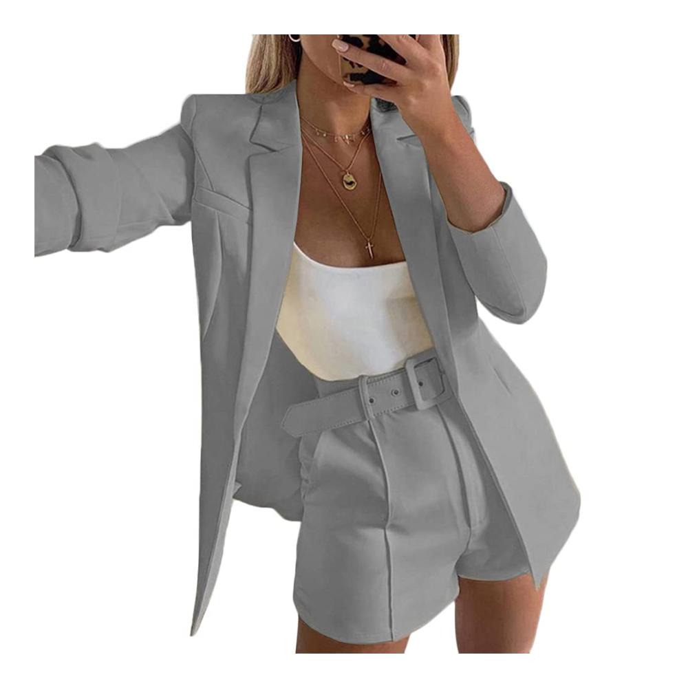 Damen Blazer Anzug Set Elegant Revers Zweiteiler für Büro & Business – Langarm Anzugjacke Slim Fit Shorts Hosenanzug mit Gürtel – Modischer Zweiteiler in Einfarbig für stilvolle Auftritte