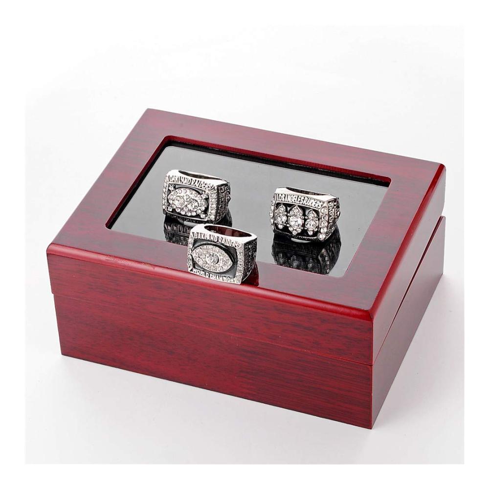 Herrenringe Set - Oakland Raiders Super Bowl Championship Replica Ringe (3 Stück) in Größe 11 mit Holzkiste Display