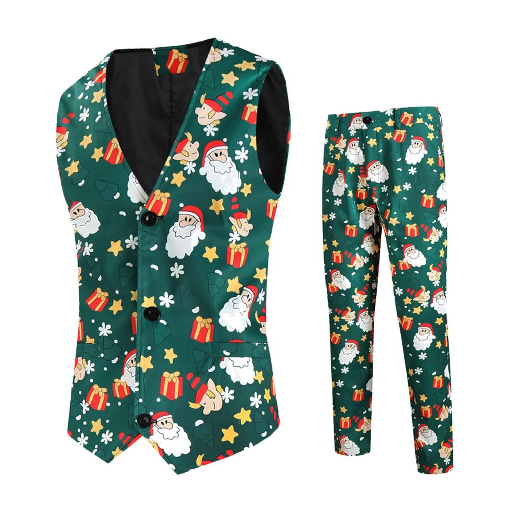 Herren Weihnachtsanzug Set V-Ausschnitt Weste Druckmuster Slim Fit Anzug für Weihnachtsparty