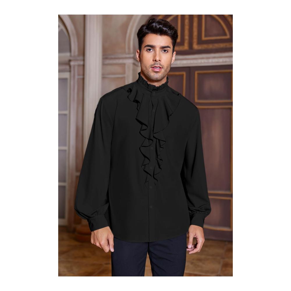 GAMISOTE Herren Freizeithemd mit Rüschen | Langarm Mittelalter Renaissance Gothic Shirt | Steampunk Style in Schwarz | Größe 3XL