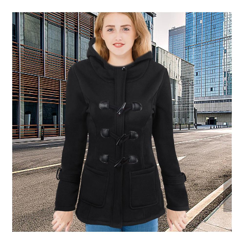 Damenmantel mit Kapuze und Hornknöpfen - Stilvolle Anzugjacke für den Herbst und kaltes Wetter