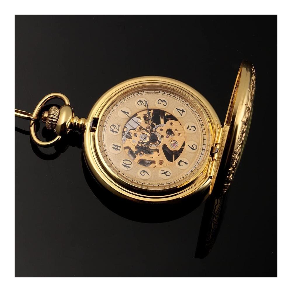 Exquisite Vintage-Taschenuhr für Herren und Damen mit dekorativem graviertem Gehäuse spezieller Lupe und goldenem Uhrwerk - Arabische Ziffern halber Jäger und inklusive Kette