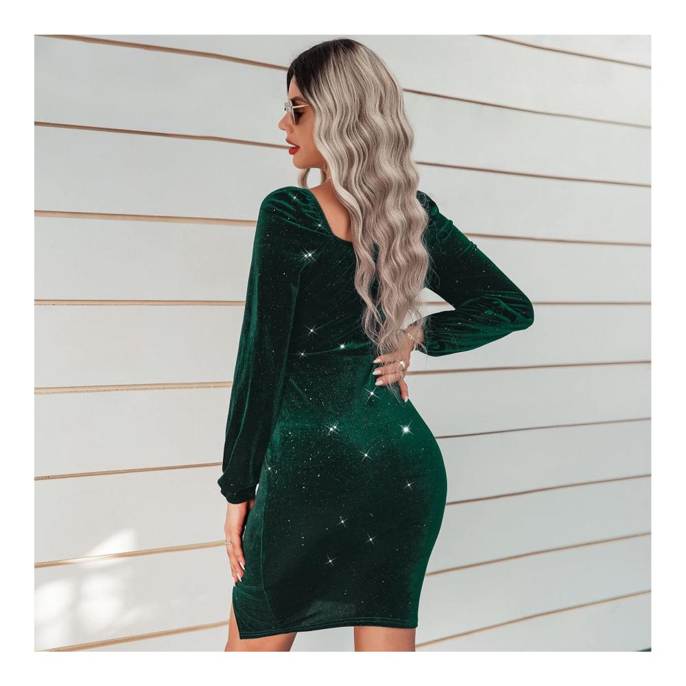 Party Ejoyous Damen Wickelkleid - Elegantes Langarm-Samtkleid mit V-Ausschnitt funkelndem Glitzer modischem Split-Saum und gerüschtem Design. Perfektes Cocktailkleid für Party Club und Urlaub