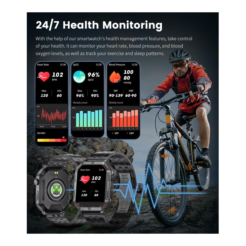 Fashion Smartwatch mit Telefonfunktion Militär Metallband Herzfrequenz- & Schlaftracker 123 Sportmodi Fitness Tracker 1.96 Full Touch wasserdichte Sportuhr für Android iOS - Schwarz