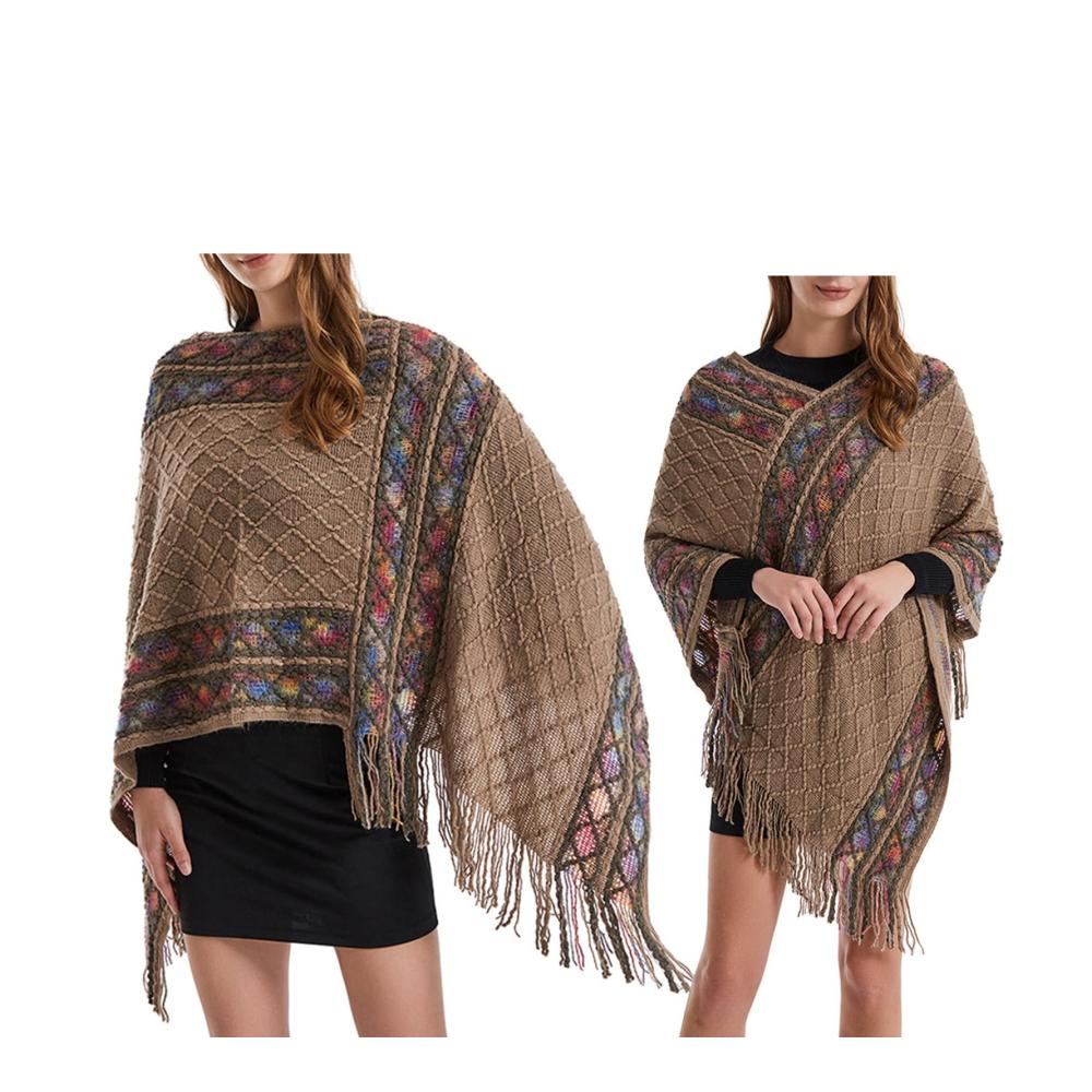 Damen Strickponcho im Ethnostil mit Quasten - Herbst-Winter Cape & Retro Pullover