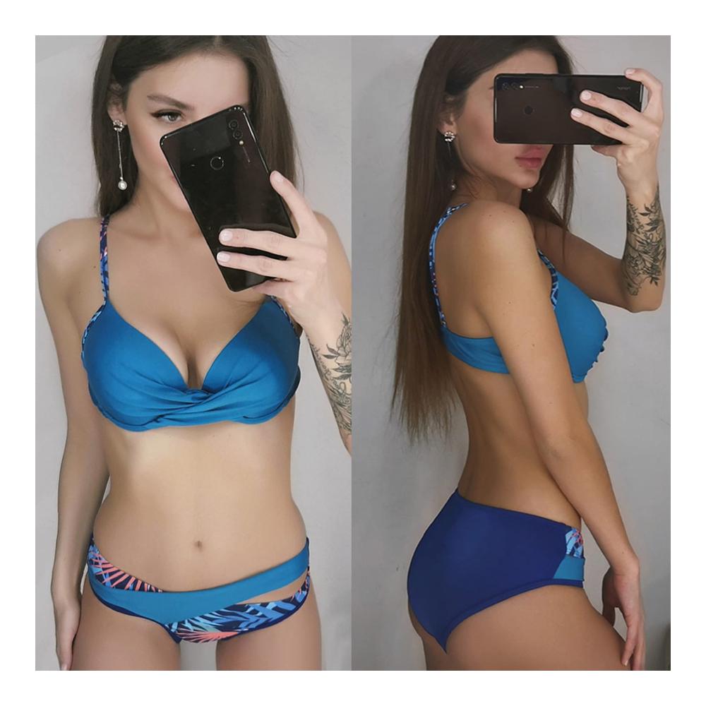 Damen Bikini Set Push Up V-Ausschnitt Oberteil Farbblock Neckholder Bikini mit Ties-up Niedrige Taille Bikinihose - Zweiteiliger Strandbikini von Joligiao Bademode