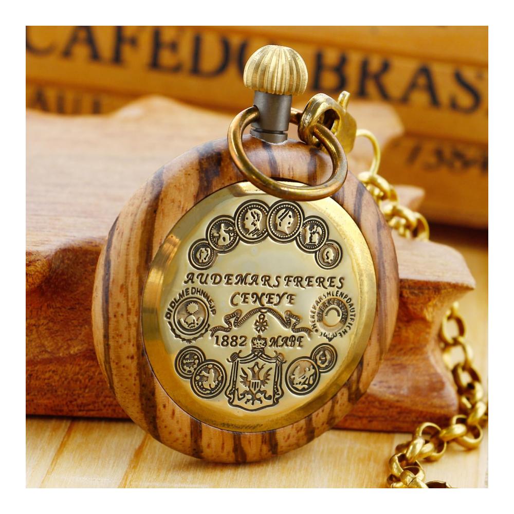 Handgefertigte Holz-Taschenuhr mit 37 cm langer Kette - Römisches & Digitales Zifferblatt Quarz - Für Damen und Herren