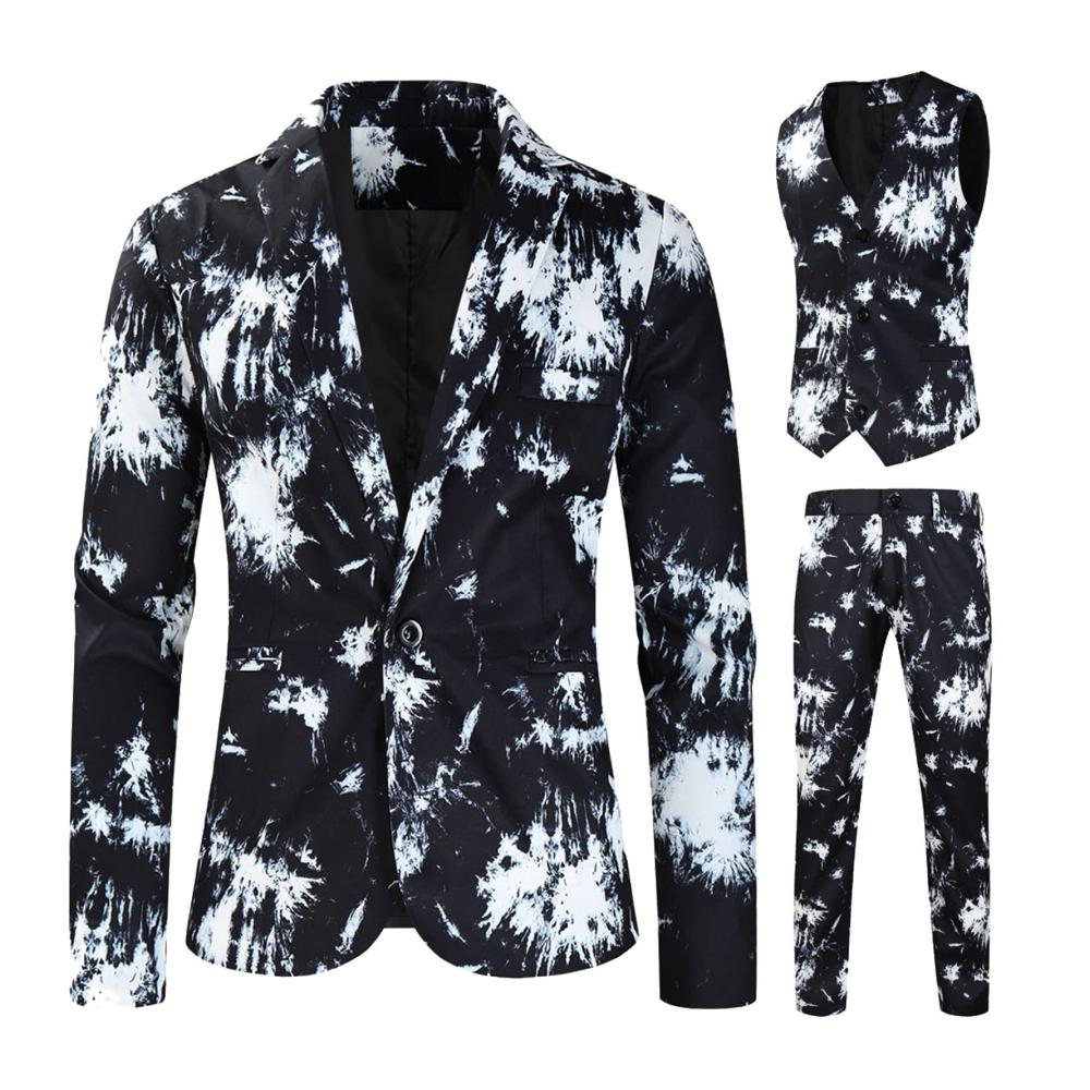 Moderne Slim-Fit Herrenanzüge | Hochzeits- und Businessmode | Schwarz-Weiß-Grafikdruck | 3-Teilig mit Ein-Knopf-Sakko Weste und Hose