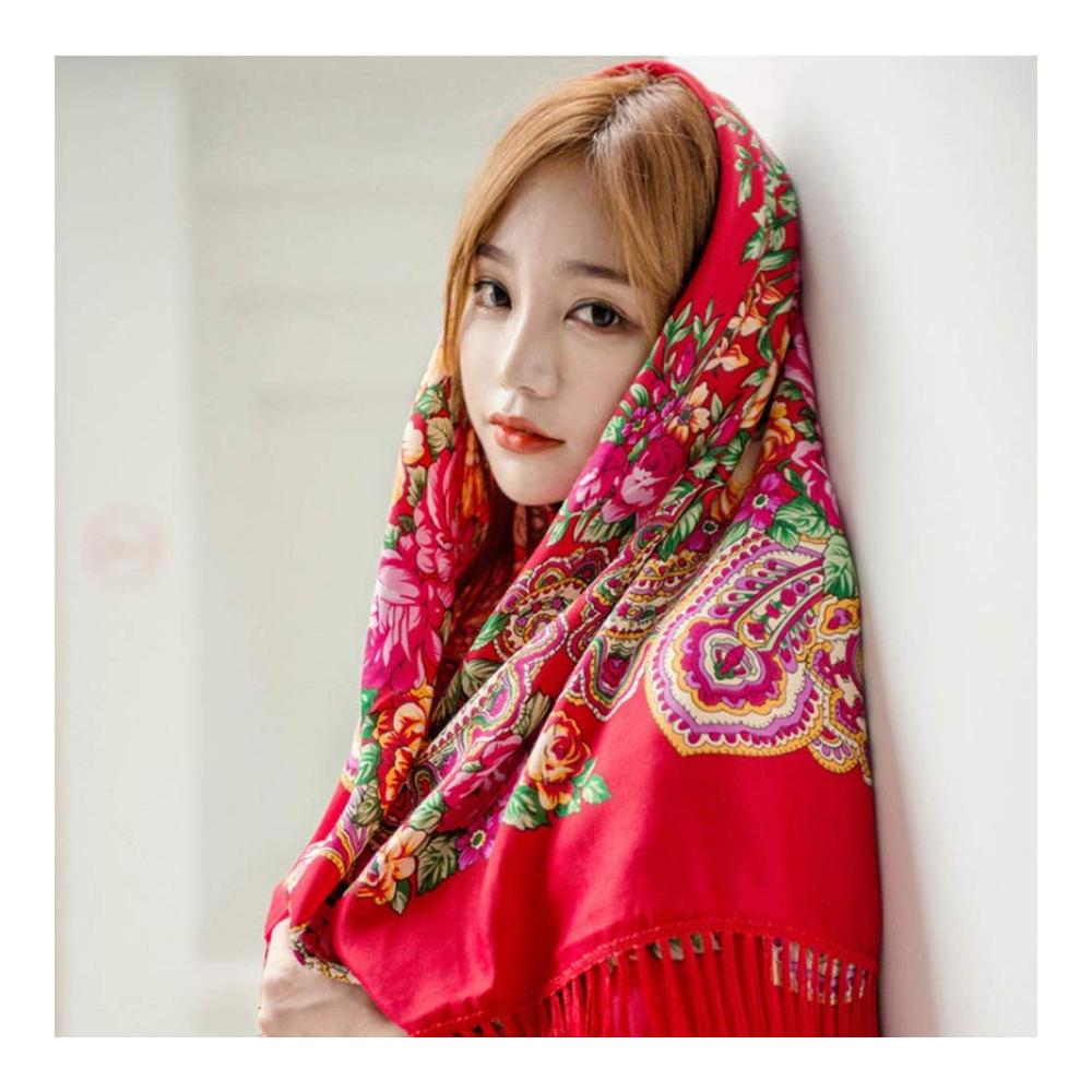 Pashmina Quadratischer Baumwollschal mit langen Quasten im Vintage Folk-Stil für den Frühling und Winter - Frauen Floral Pashmina Cape im russischen Design