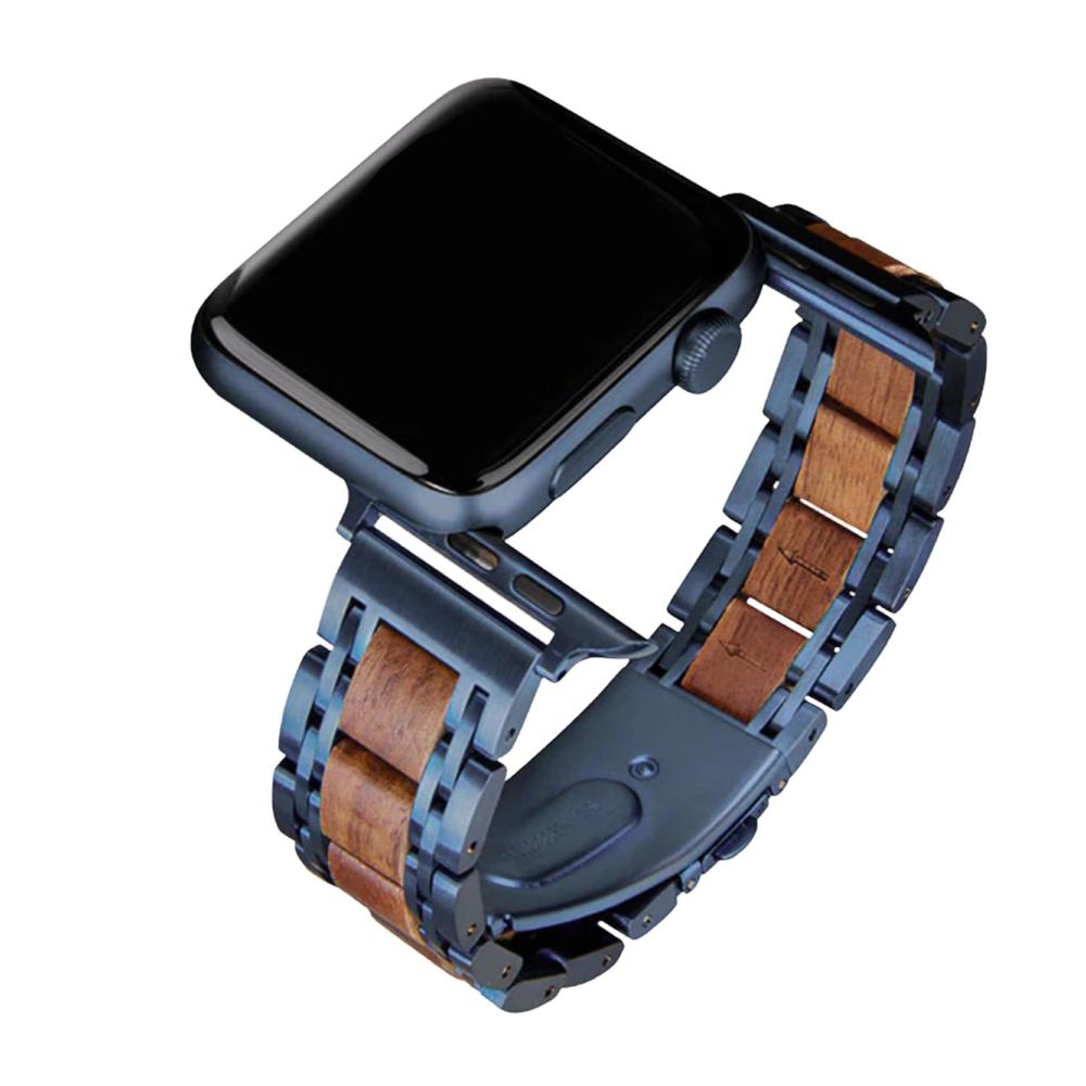 Natürliches Walnuss-Edelstahl-Armband für Apple Watch | Ersatzarmband Holz Blau | Kompatibel mit Serie 8 7 6 5 4 3 2 1 | 42mm 44mm 45mm | Hochwertiges Metallarmband Ultra & SE