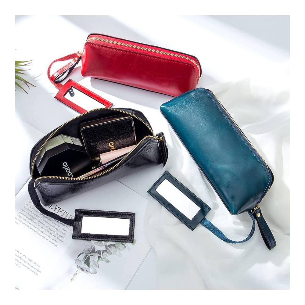Exquisite Damen Kosmetiktasche – Tragbare hochwertige Clutch aus rotem Leder modern und multifunktional ideal für unterwegs – Kleine Make-up-Tasche im S-Format