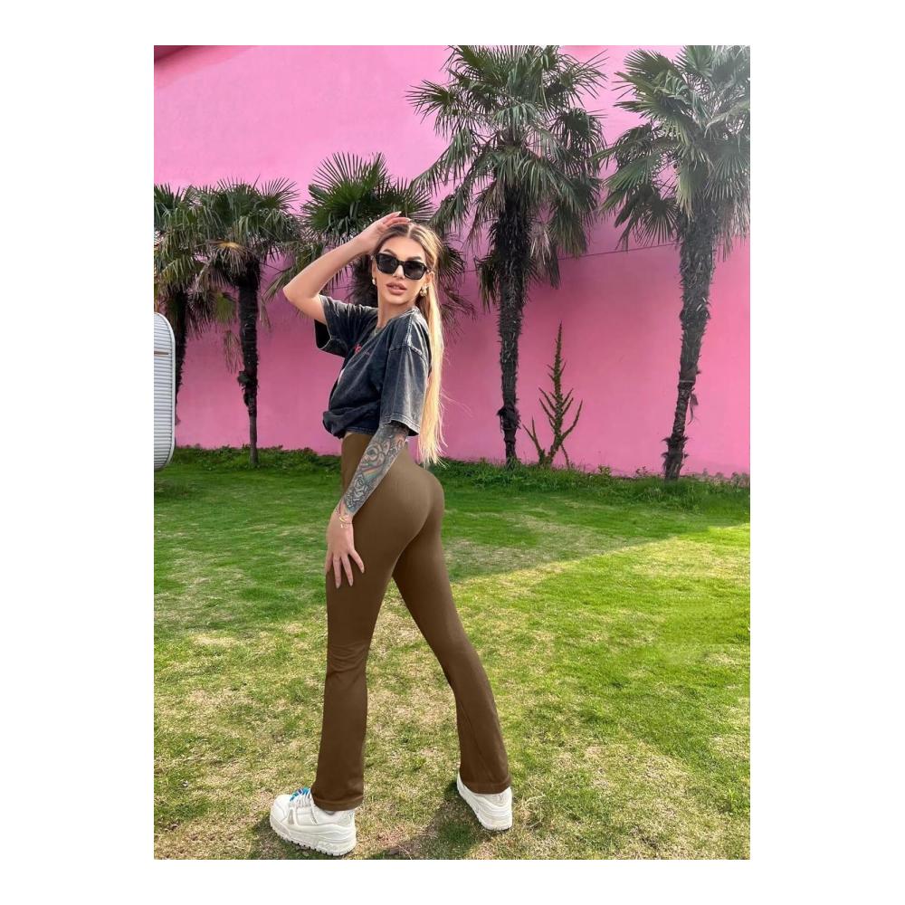 Nahtloses Ribbed 2-teiliges Yoga Leggings Set für Damen - Hochtaillierte Flare Workout Pants Ideal für HIIT Squats Yoga und Mehr (Schwarz Kaffee Größe L