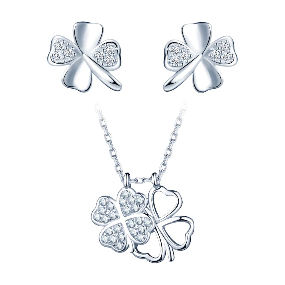 925 Silber Schmuck-Sets für Damen Doppeltes Vierblättriges Kleeblatt Halskette mit Zirkon-Anhänger und passenden Ohrringen