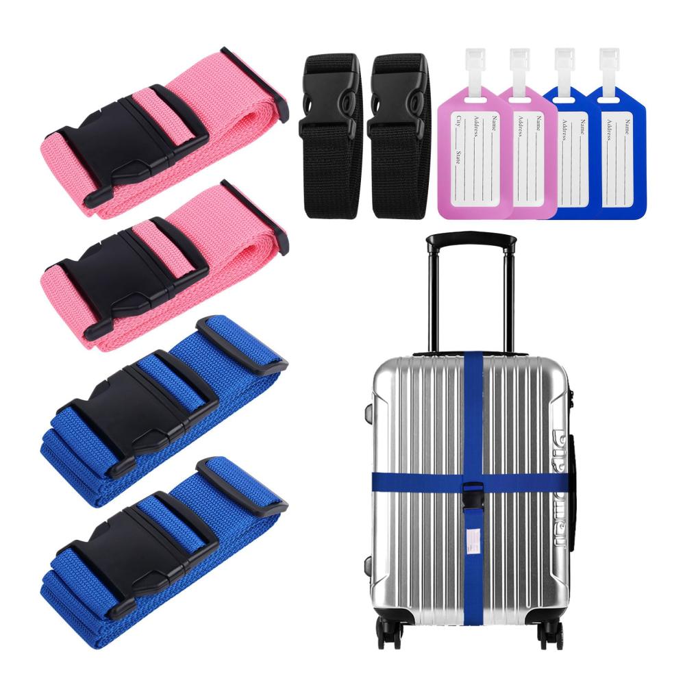 Gepäckgurte & Kofferbänder Set - 4 Stück Premium Koffergurte mit einstellbarer rutschfester Funktion inkl. Kofferanhänger für sicheres Reisen (Rosa Marineblau