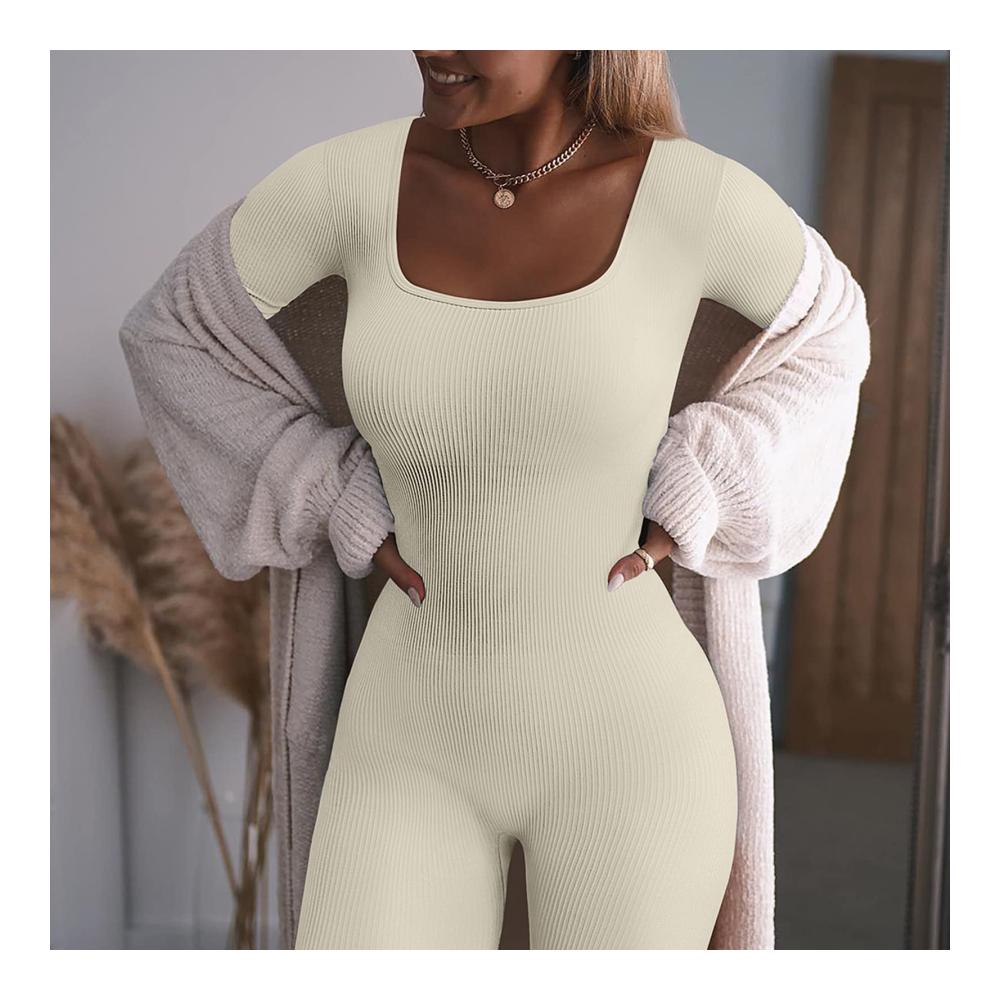 Nahtloser Damen Jumpsuit Sexy Strick Overall mit geripptem Design Stretch Langarm Bodycon Strampler - Perfekt für Drinnen und Draußen Sport & Training