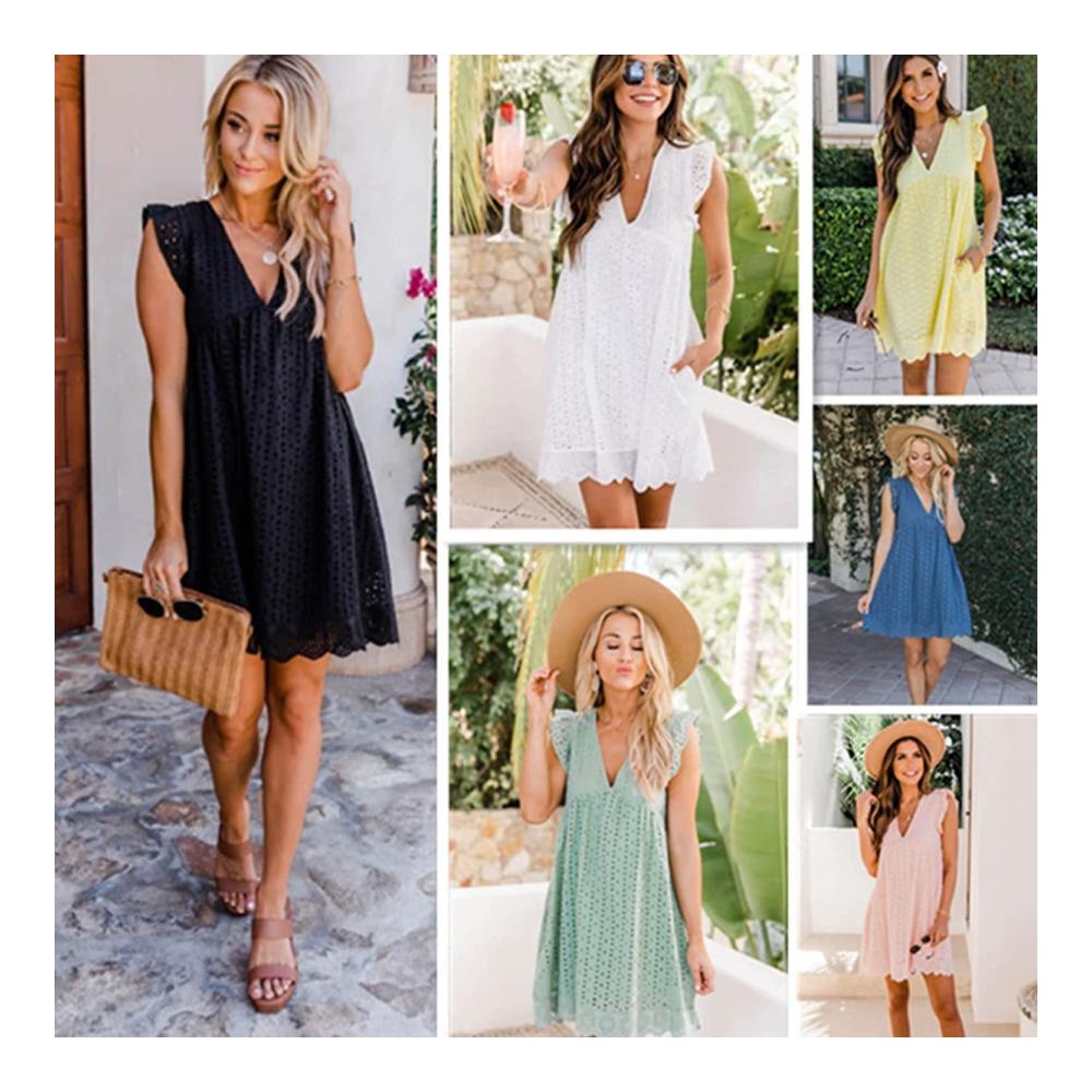 California Romper Dress Loose V-Neck Summer Jumpsuit with Shorts Pockets and Solid Color Skirt in Comfortable Cotton Fabric