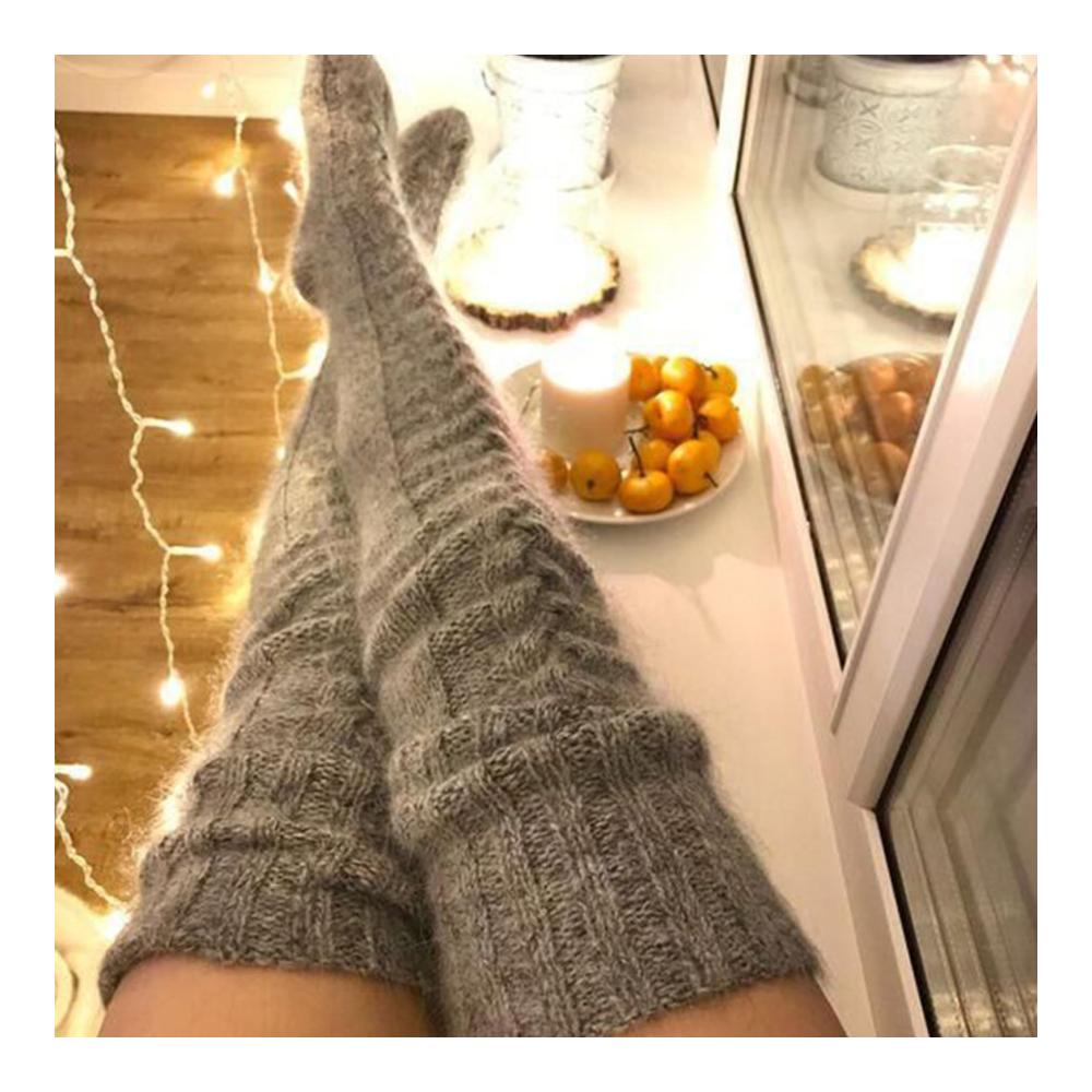 Langgestrickte Wolle Damen Kniestrümpfe - Über dem Knie 335 Zoll - Winter Hellgrau
