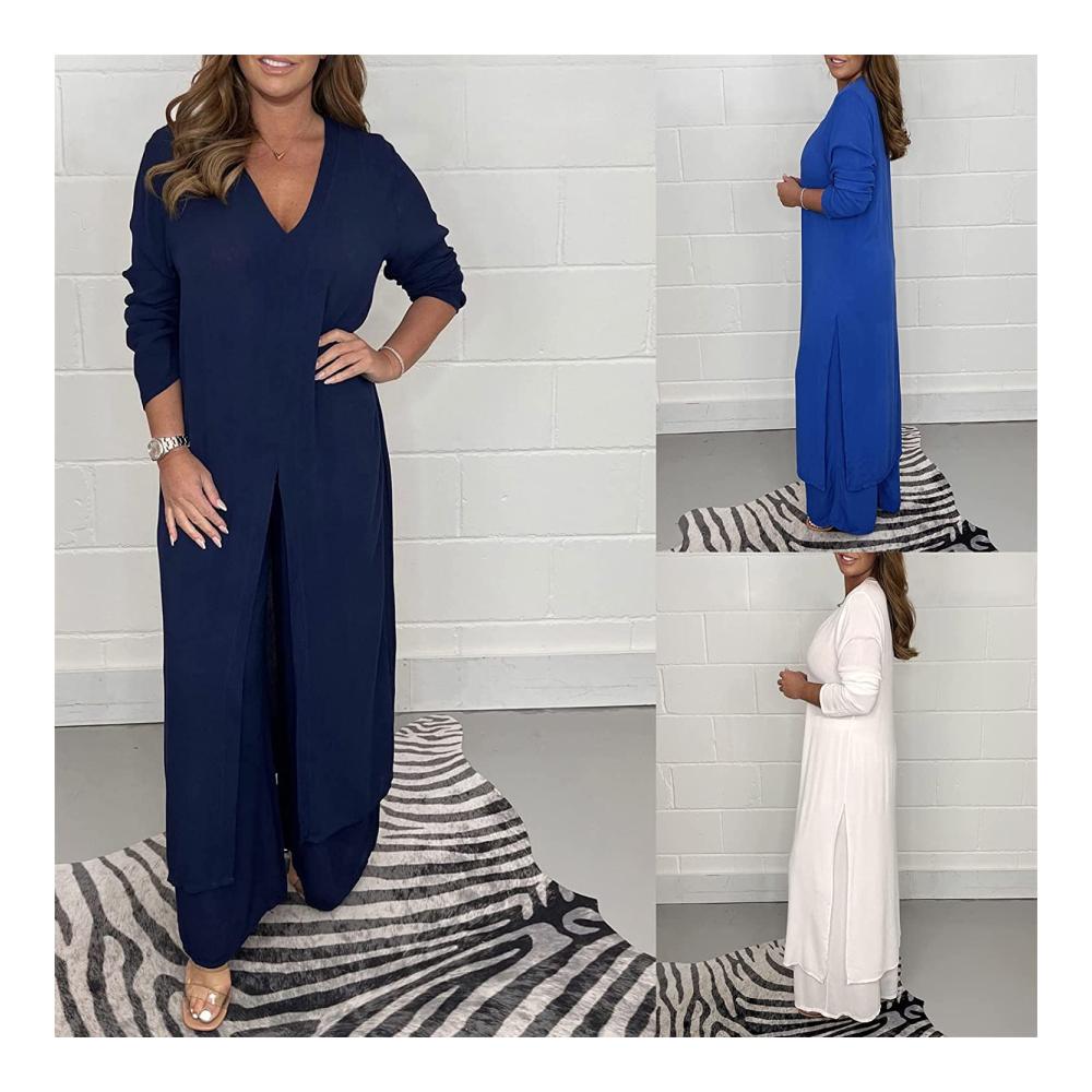 Sommerlicher Hosenanzug Zweiteiliges Set mit langem Oberteil und passender Hose V-Ausschnitt seitlichem Schlitz Bluse mit langen Ärmeln und weitem Hosenbein aus weichem bequemem Stoff