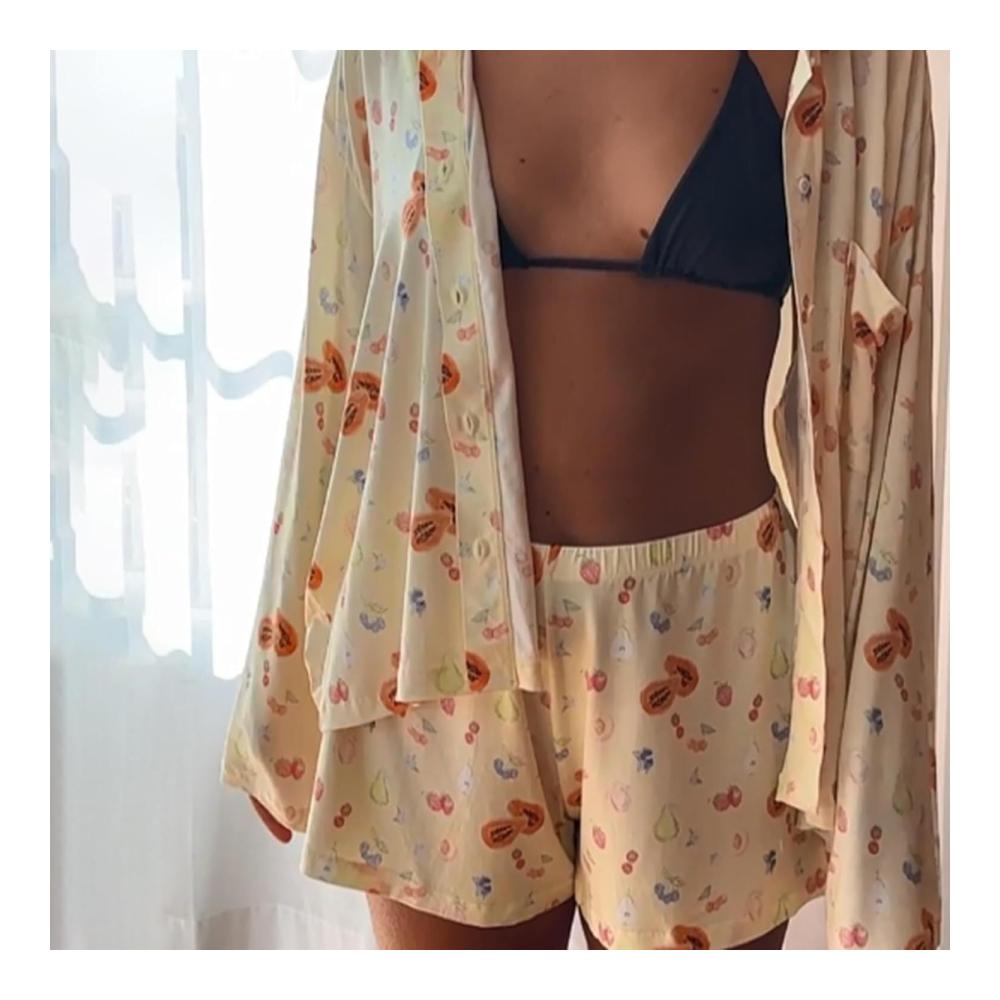 Damen Pyjama Set mit Y2K Blumendruck Langarm Button-Down Hemd und Hose - Bequemes Lounge-Set für Damen-Nachtwäsche