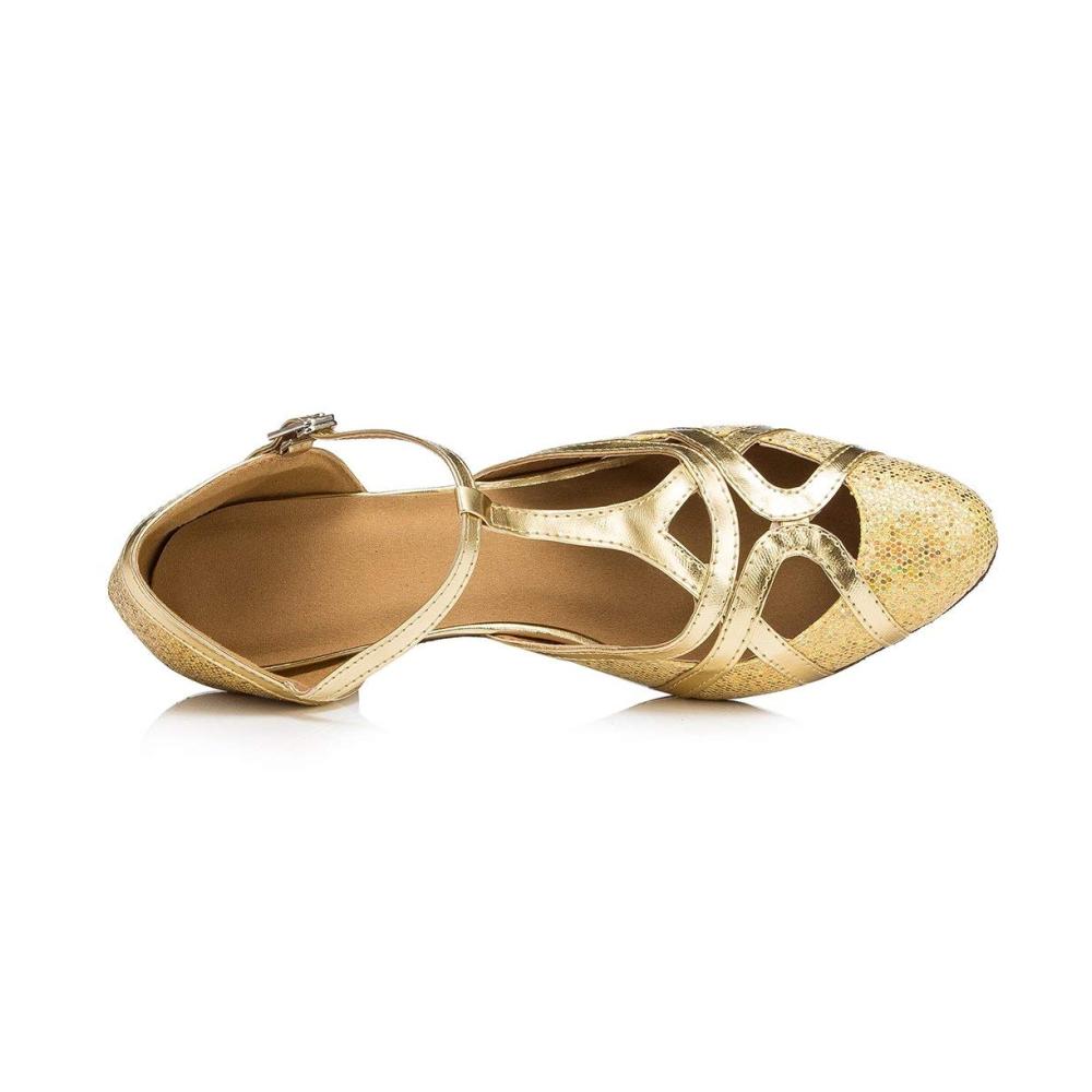 Glitzernde Damen-Tanzschuhe Geschlossene T-Starp-Zehen Ideal für Abend Hochzeit & Tanzstile. Moderne Latein & Ballsaal 5cm Absatz Gold Größe 2 UK