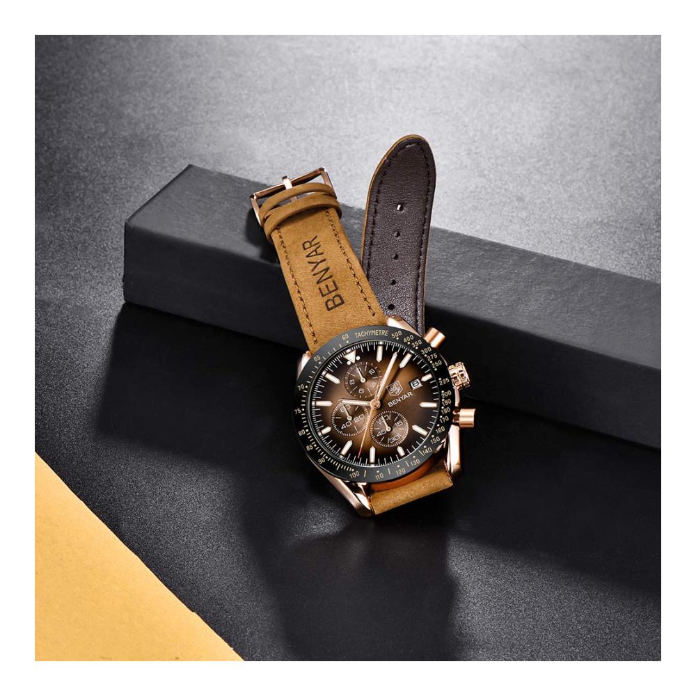 BENYAR Herren Armbanduhr - Chronograph Quartz Wasserdicht Business Design Schwarz/Blau Zifferblatt Braunes Lederarmband