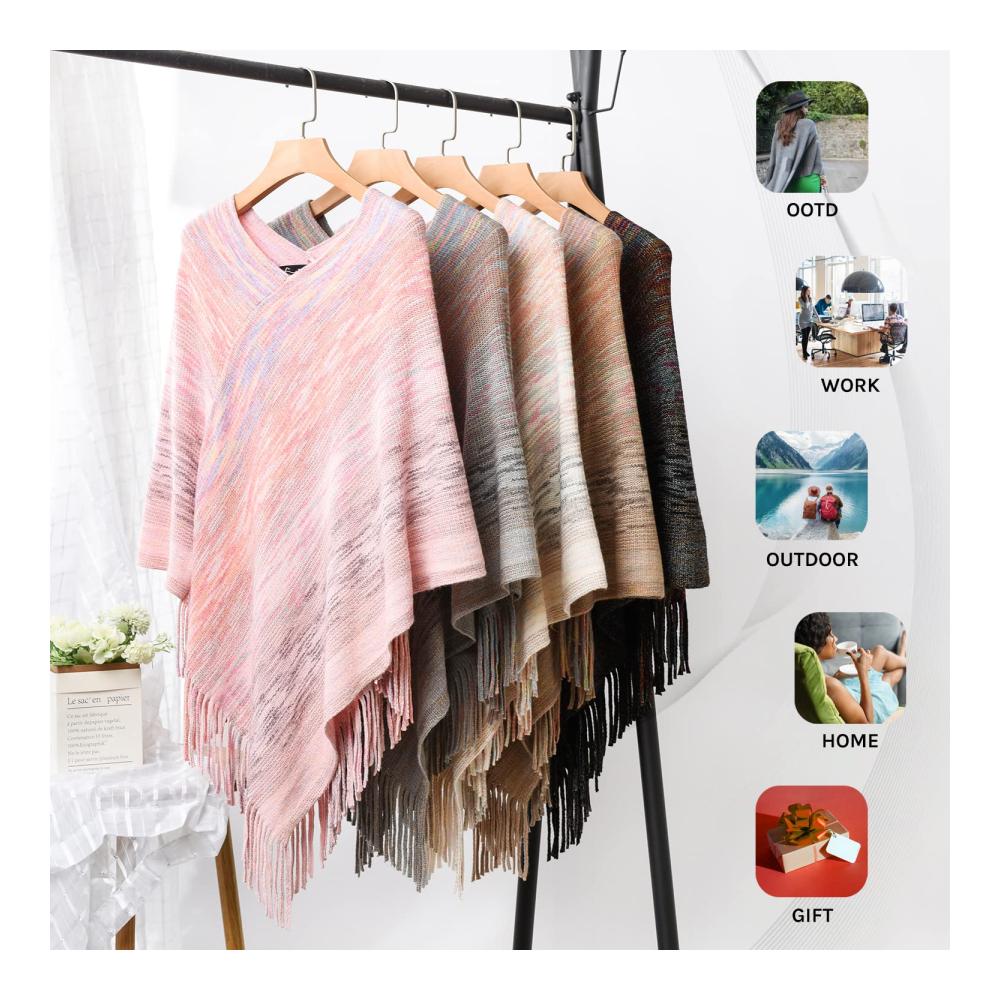 Strick Ponchos & Capes Damen Multicolor Poncho-Pullover mit Fransen – Vielseitiger Wickelschal für modische Eleganz