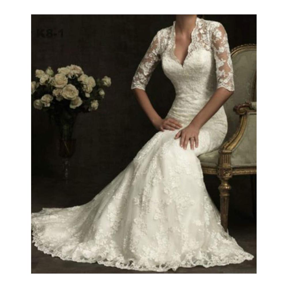 Prinzessin Brautkleid mit V-Ausschnitt und Häkelspitze – Bodenlanges Meerjungfrau Hochzeitskleid in Reines Weiß (USA 14/4*L