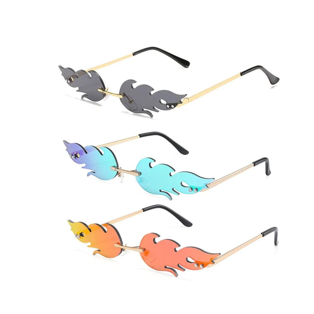 3er-Pack Randlose Metallflammen-Sonnenbrillen LJCC Unisex - Grau Rot Grün (088) - Partybrillen im modischen Punk-Stil