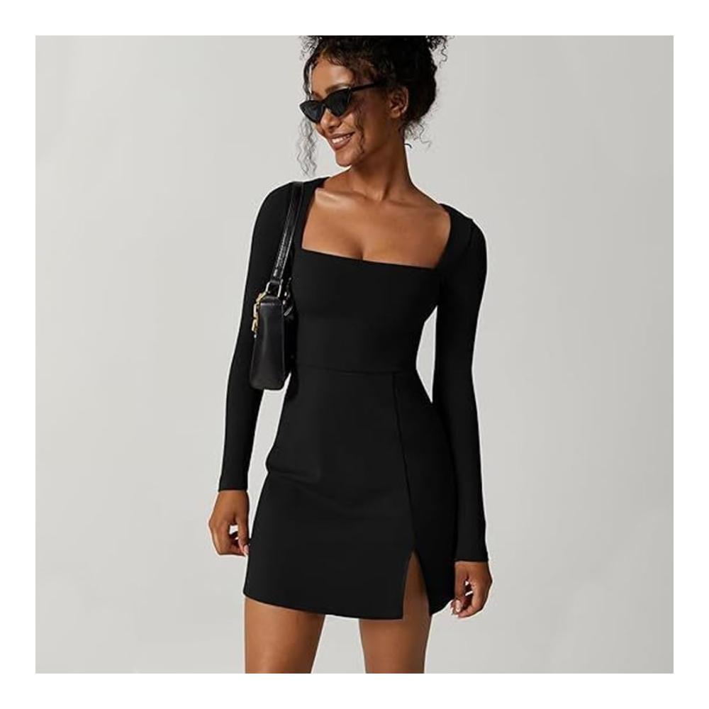 Sexy Langarm Party Damen Cocktailkleid mit Square Neck - Enges Minikleid mit Schlitz perfekt für Herbstkleidung und elegante Abendveranstaltungen