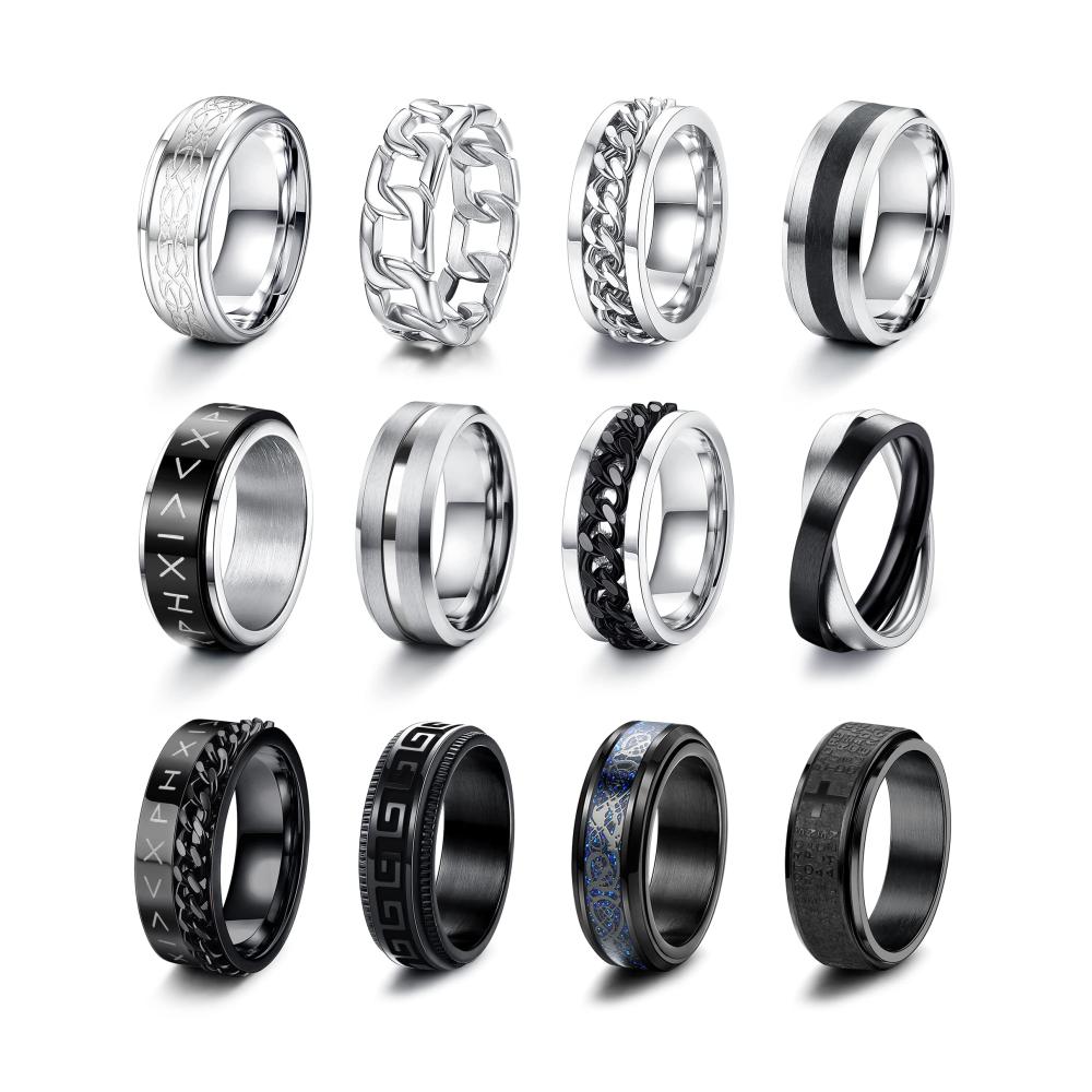 Edelstahl Herren Ringe 12er Set Fidget Spinner Anti-Angst-Band Ketten - Silber & Schwarz. Ehering Verlobungsring Zappelring - Größe 52-70. Perfekt für Geburtstag & Weihnachten