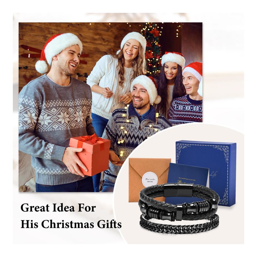 Herren Lederarmband Set Schwarz Edelstahl Armbänder - Ideale Weihnachtsgeschenke für DAD Freund Ehemann - 2er Set Männer Armband Schmuck 19CM
