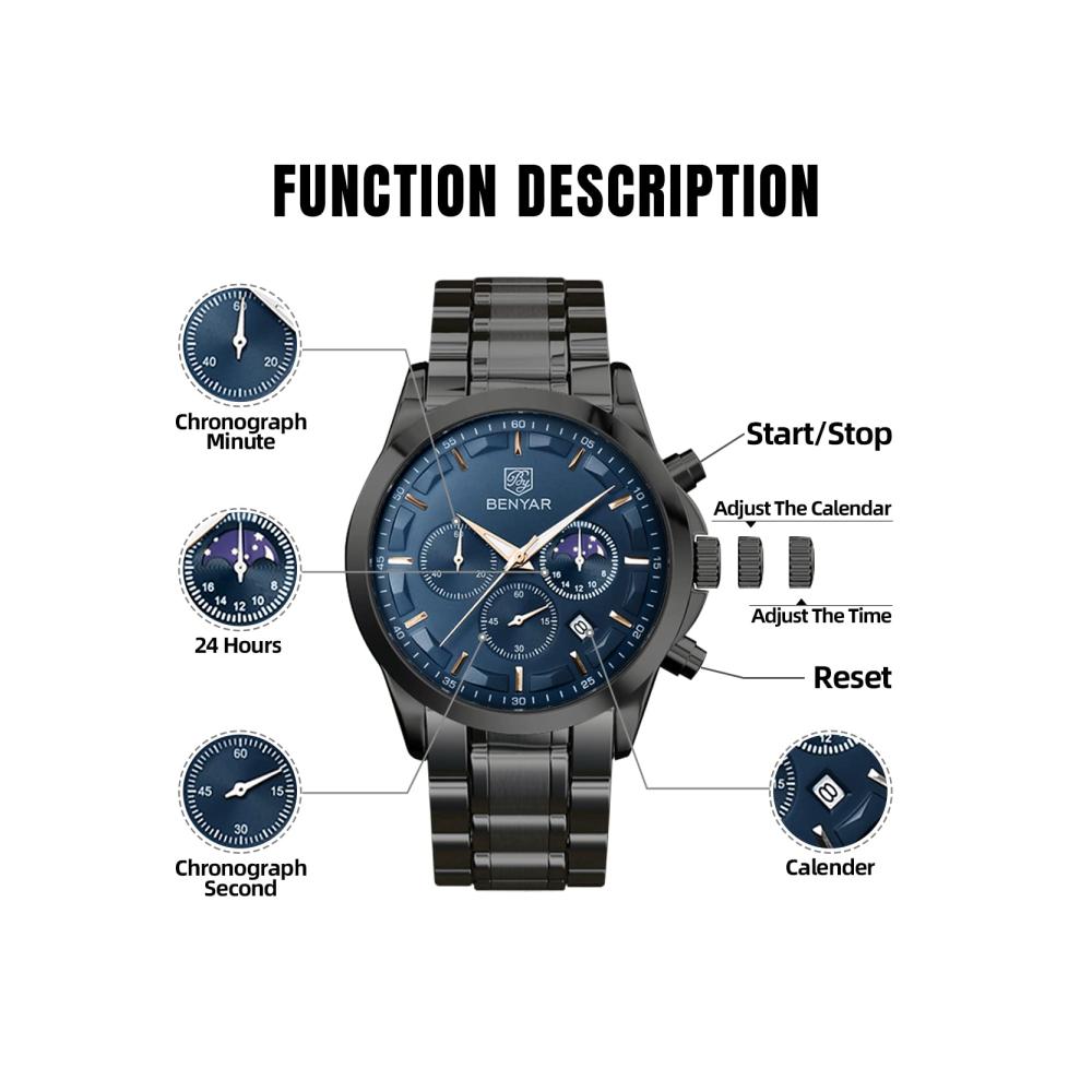 BENYAR Chronograph Herrenuhr - Stilvolle Armbanduhr mit Analogem Quarz Wasserdicht Leuchtendem Datum Business Design - Perfektes Geschenk für Männer mit Leder- oder Edelstahlarmband