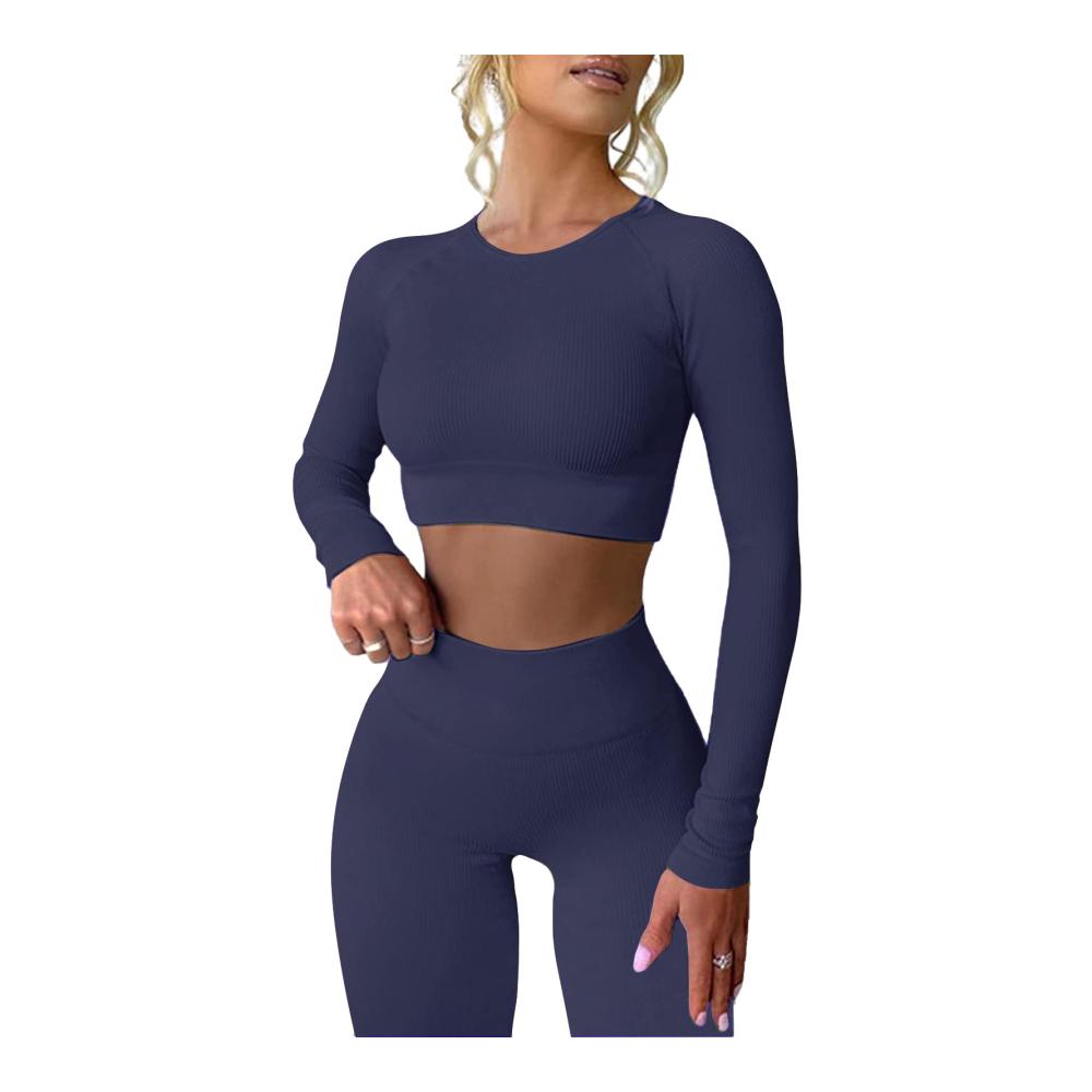 Yoga Leggings Set Geripptes Langarm Crop Top & Hohe Taille Workout Outfit für Frauen