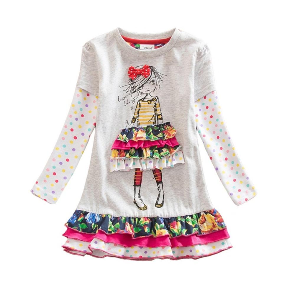 Kinderkleid Baumwolle Langarm Cartoon Blumenkleid Mädchen 2-8 Jahre