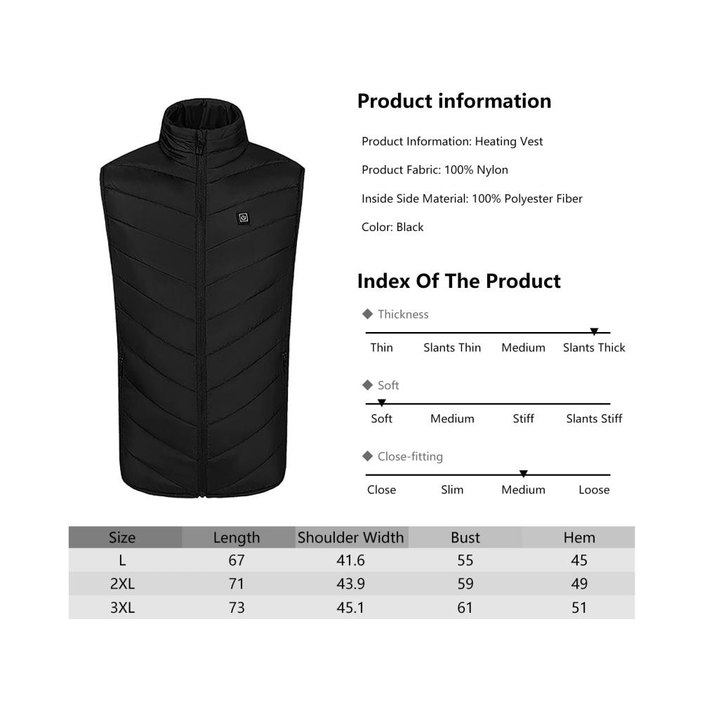 Heizbare Unisex-Weste mit 9 Heizzonen | 3-Stufen-Einstellung | USB-elektrisch beheizte ärmellose Jacke | Wärmeweste für Winter mit Powerbank | Elektrisch beheiztes Gilet (L