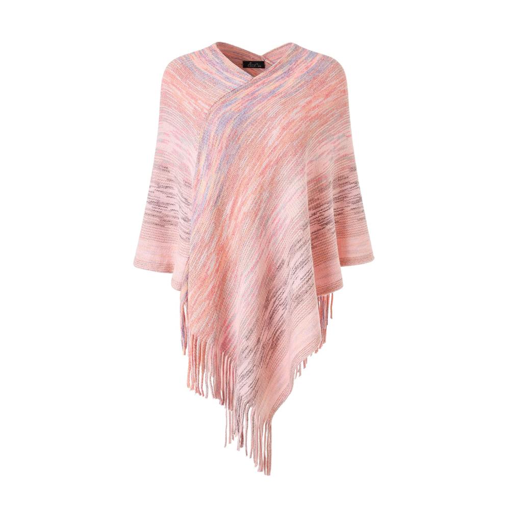 Strick Ponchos & Capes Damen Multicolor Poncho-Pullover mit Fransen – Vielseitiger Wickelschal für modische Eleganz
