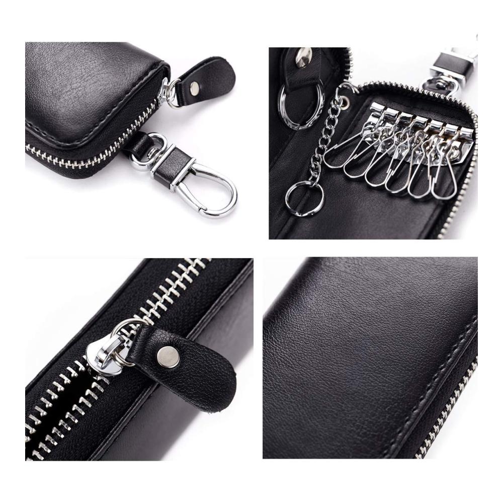 Herren Autoschlüssel-Halter aus hochwertigem Leder | Multifunktions-Schlüsseletui mit Reißverschluss und Geldbörsenfunktion | Schlüsselorganizer für Business (Rosenrot