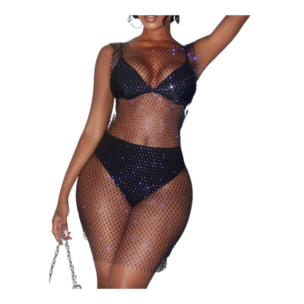 GuliriFe Damen Sexy Strass Mesh Kleid - Bikini Cover Up für Rave Festival & Club in Schwarz - Pareos & Strandkleider für einen verführerischen Badeanzug-Look