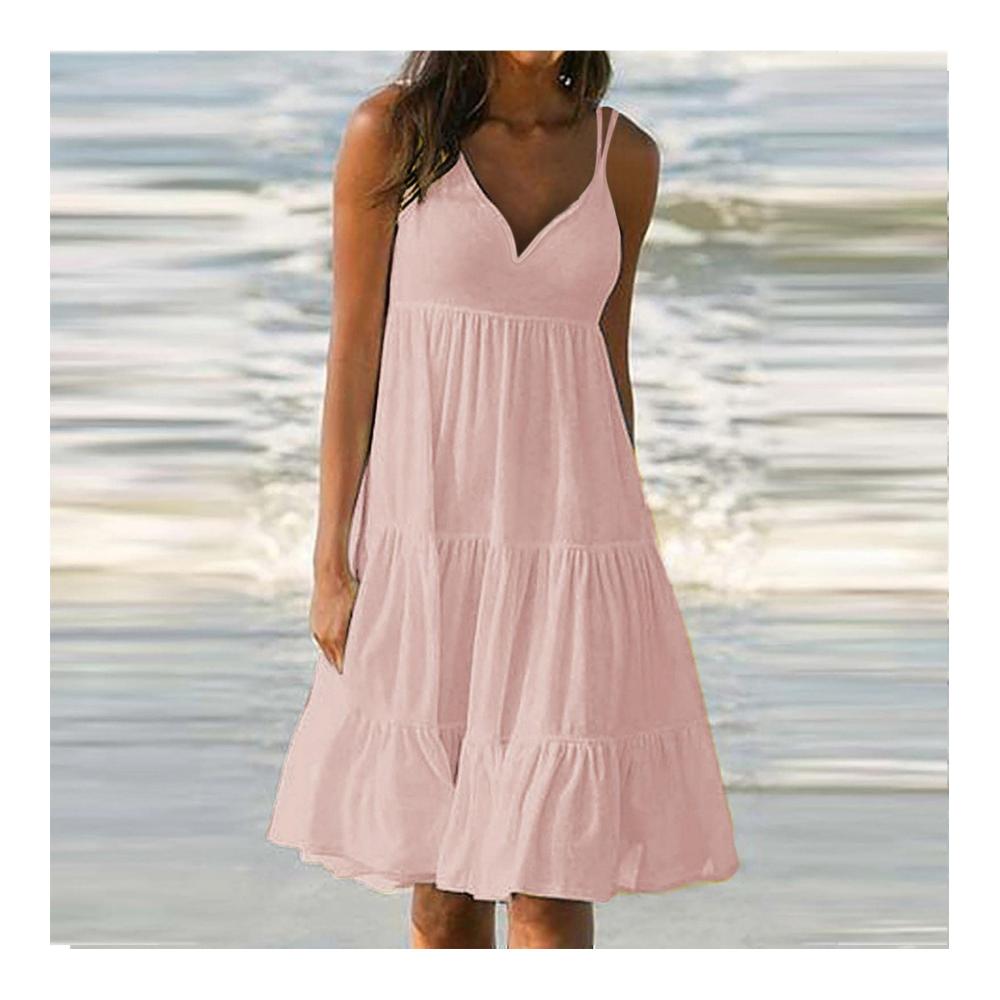 Ärmelloses Damen-Swing-Kleid mit V-Ausschnitt Rüschen und gestuftem Design - Knielanges Strandkleid für den perfekten Urlaubslook
