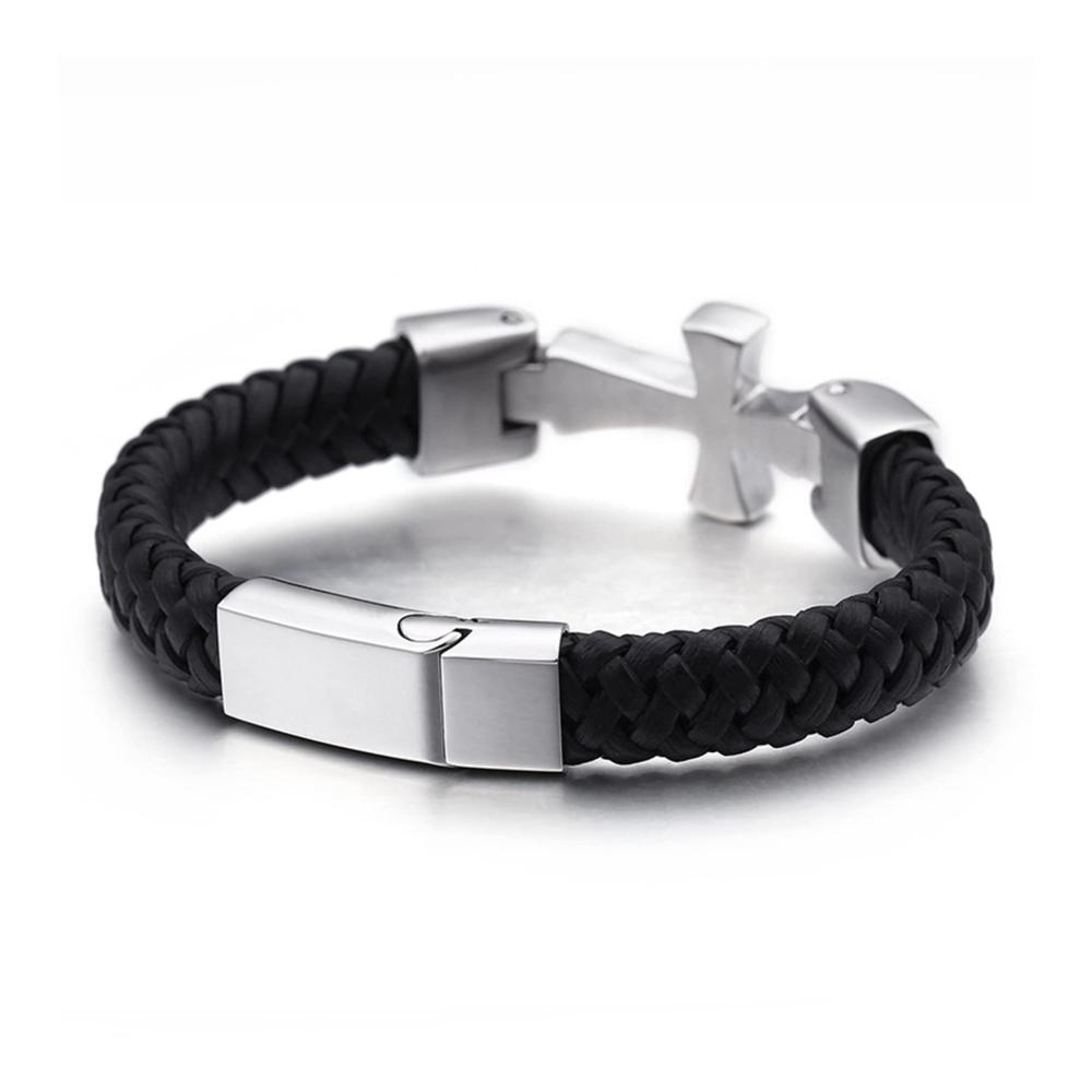 Herren Armband - Echtes Leder Kreuz Jesus Vintage Gothic Style Geflochten Silber 225 cm