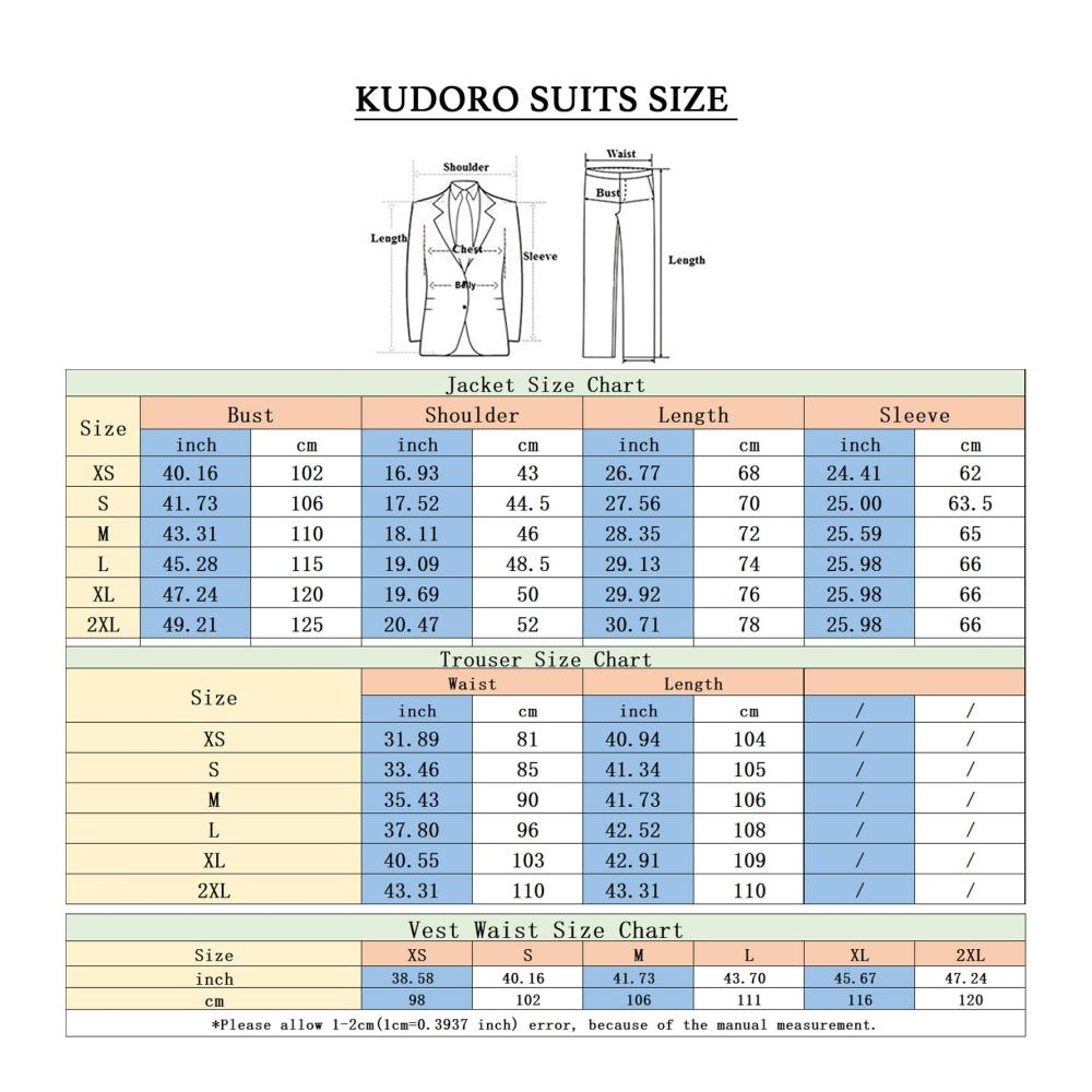 Herren Anzug Set KUDORO 3-teiliger Slim-Fit Anzug mit Einreiher Zwei Knöpfen – Ideal für Hochzeit und Business
